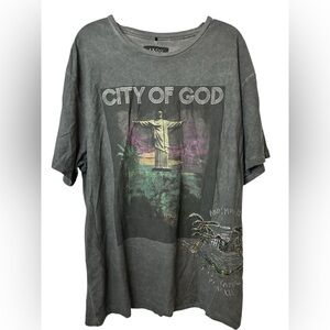 Akoo Charcoal Graphic Tee City Of God Brazil Embroidered